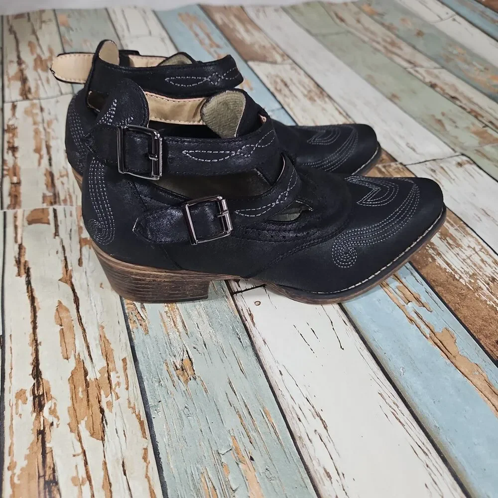 ROPER Willa Size 8.5 Black Embroidered Western Cowgirl Booties,  Double Buckle